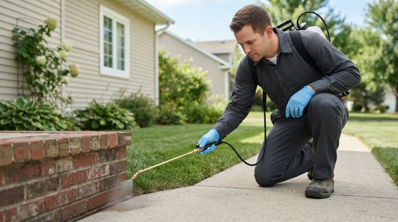 Pest control technician treating a home near Mulhall, OK