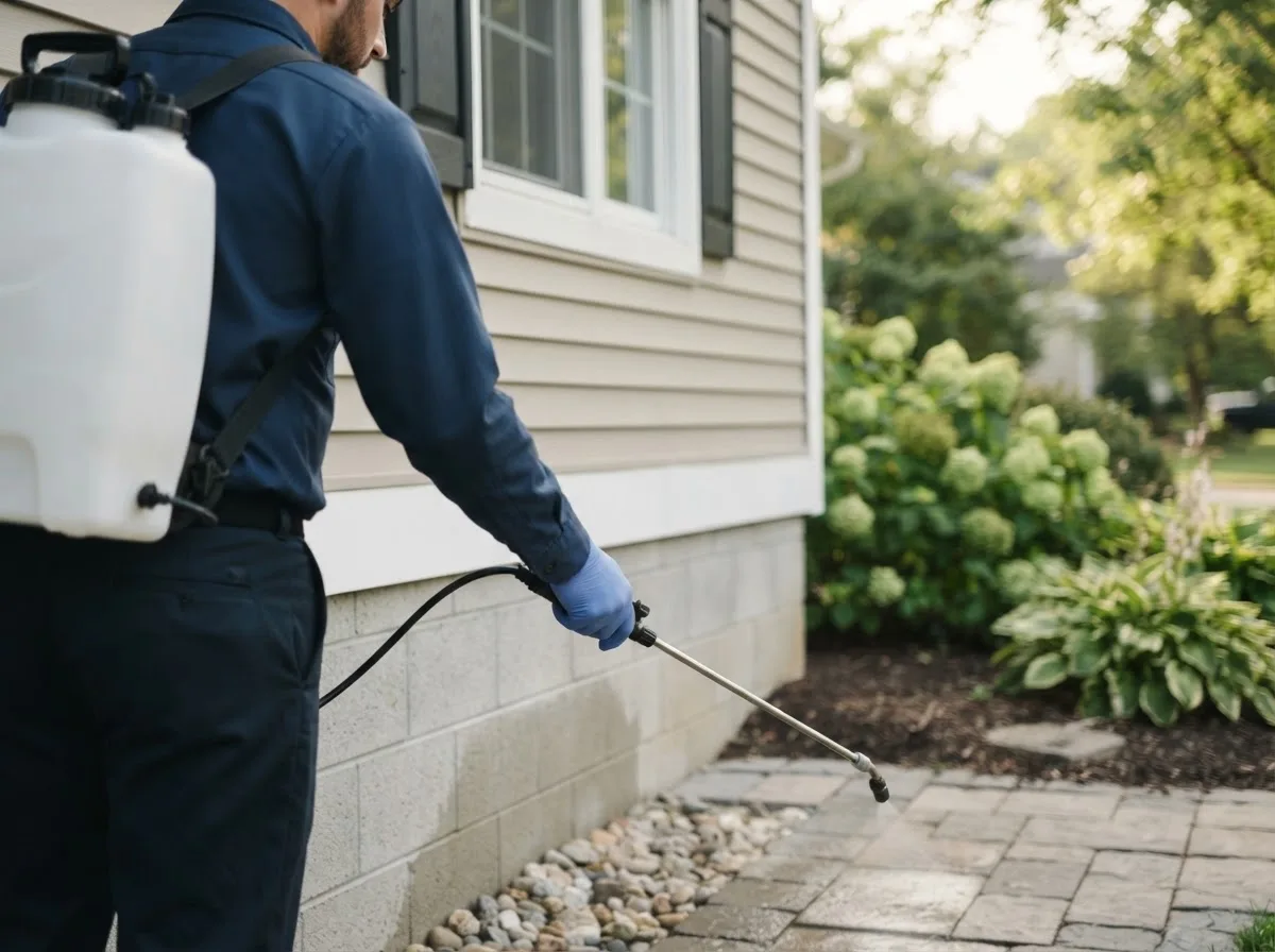 Pest control technician inspecting a home in Mulhall, OK